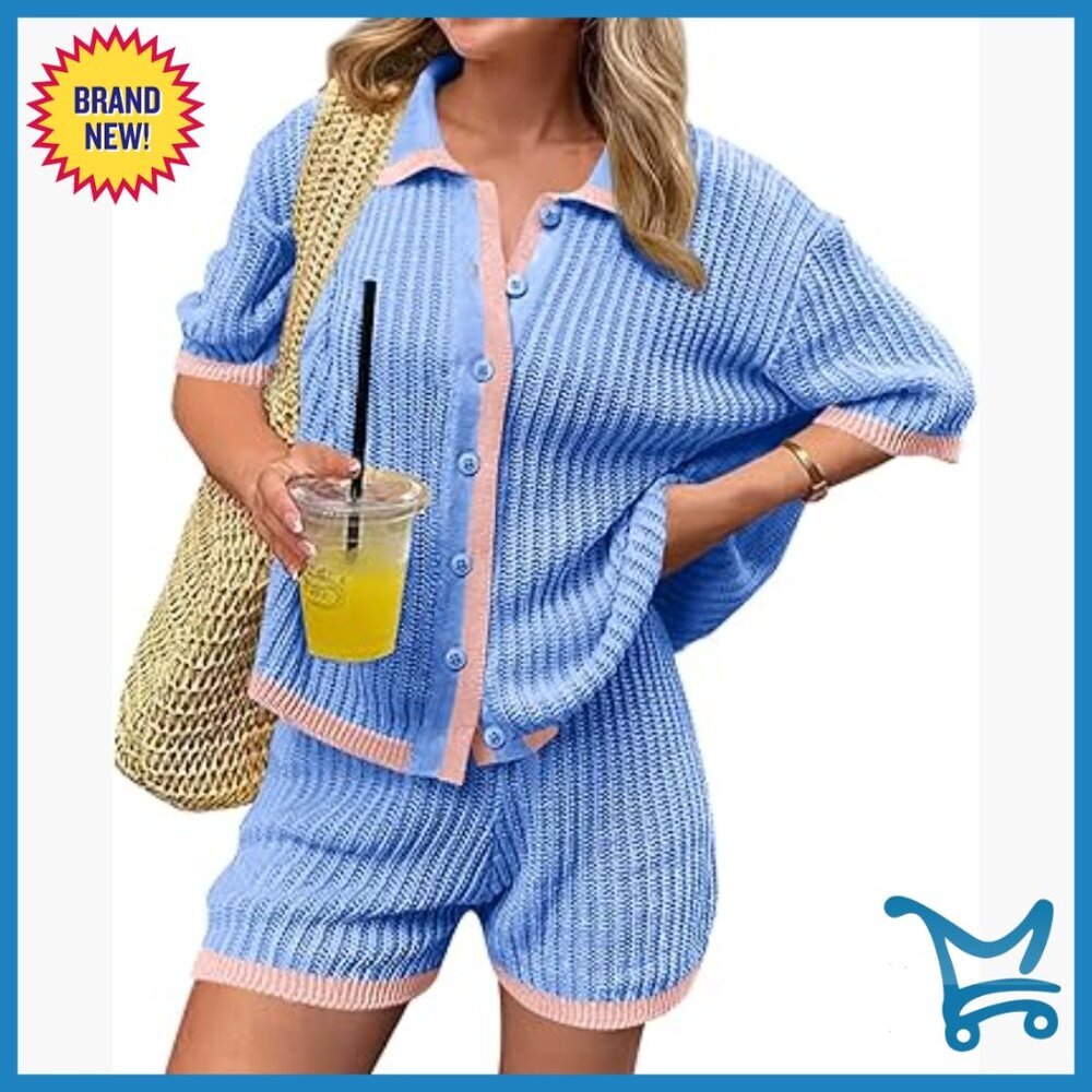 Short Sleeve Crochet Knit Lounge Set with Button Top and Drawstring Shorts